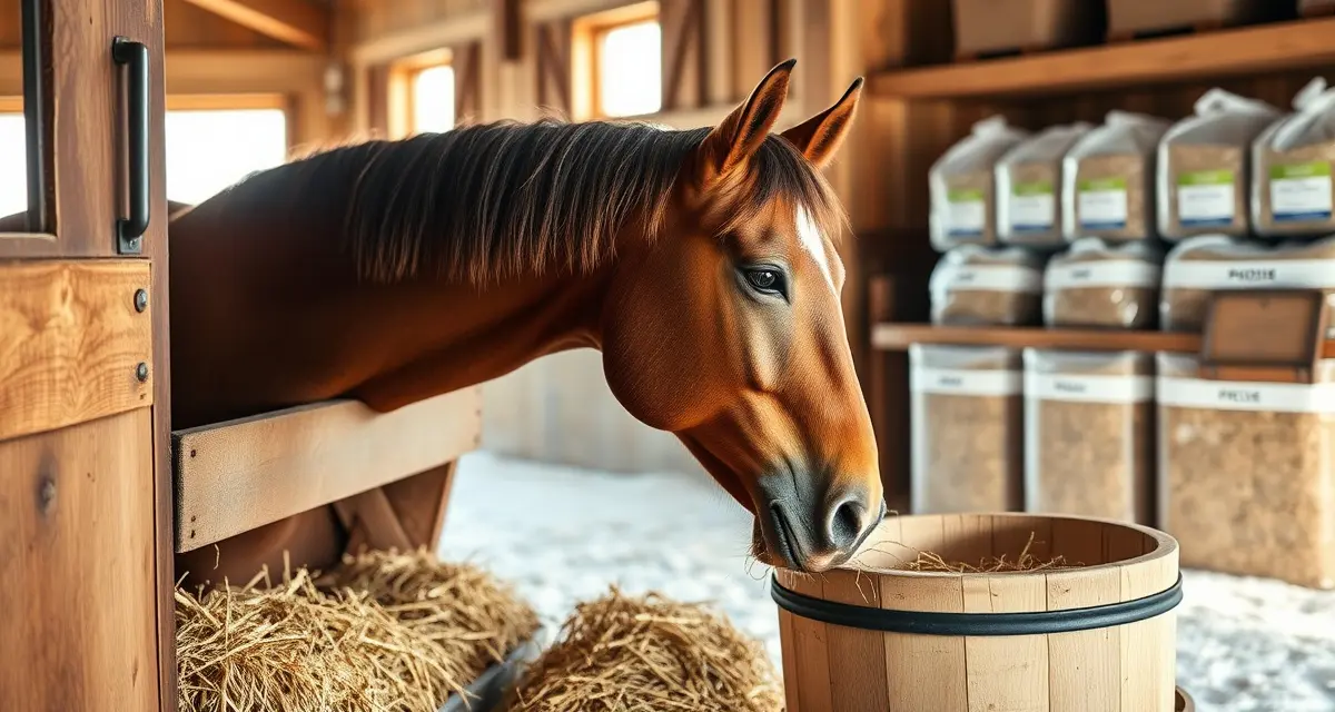 Horse eating hay from manger with winter feeding adjustments setup in organized barn during cold season management
