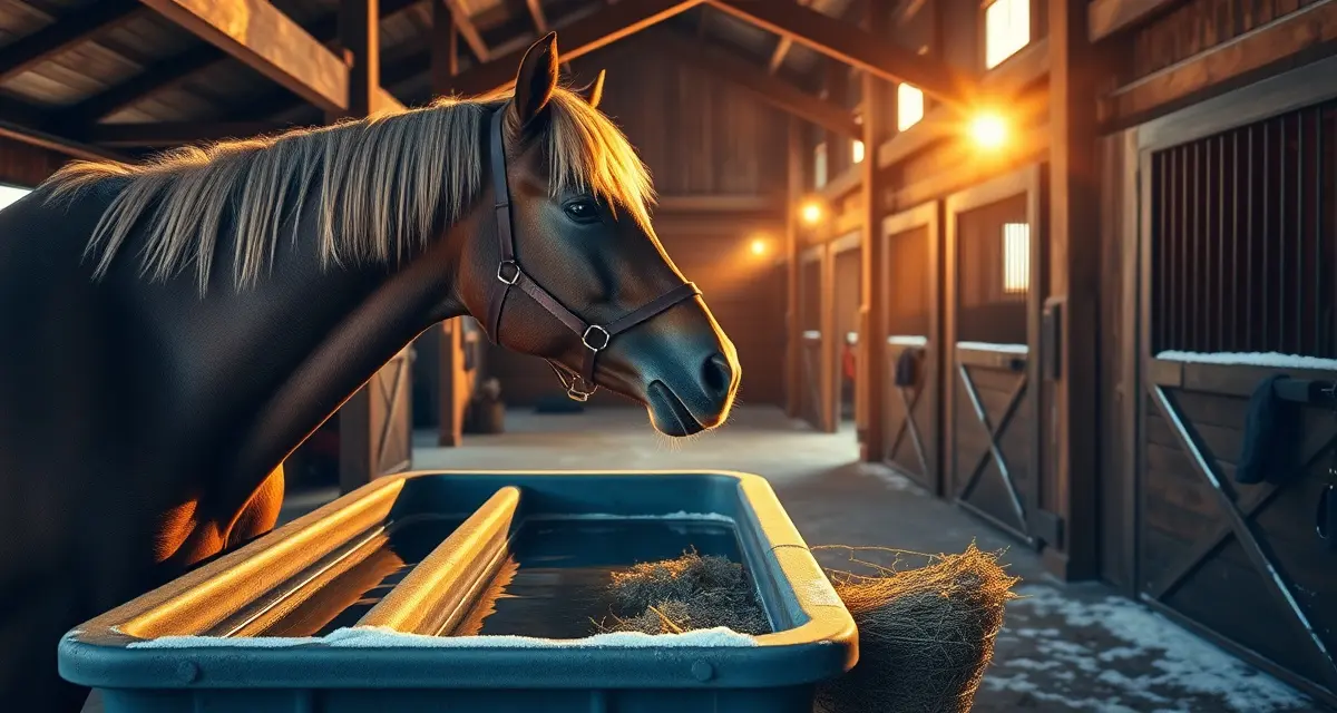 Well-prepared horse barn interior during winter with heated water trough, fresh forage, and proper stable management setup for cold weather.