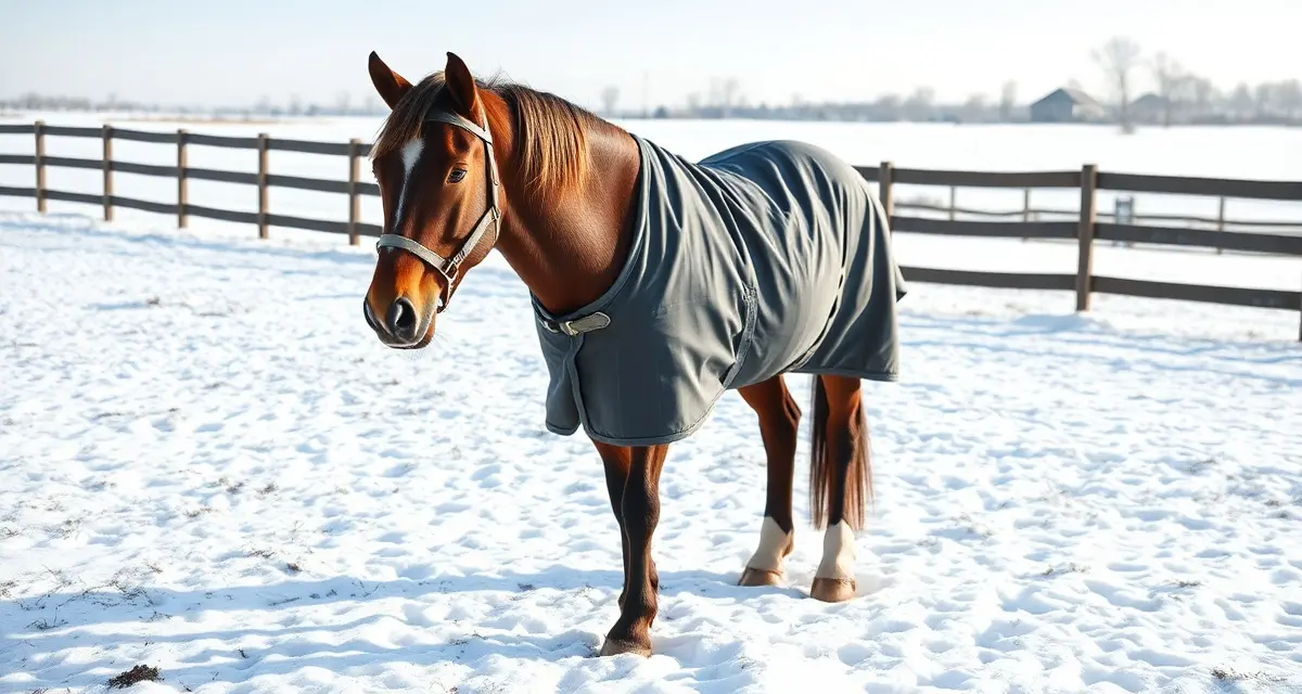 Horse in winter turnout paddock with snow-covered frozen ground and wooden fencing for safe cold weather barn management