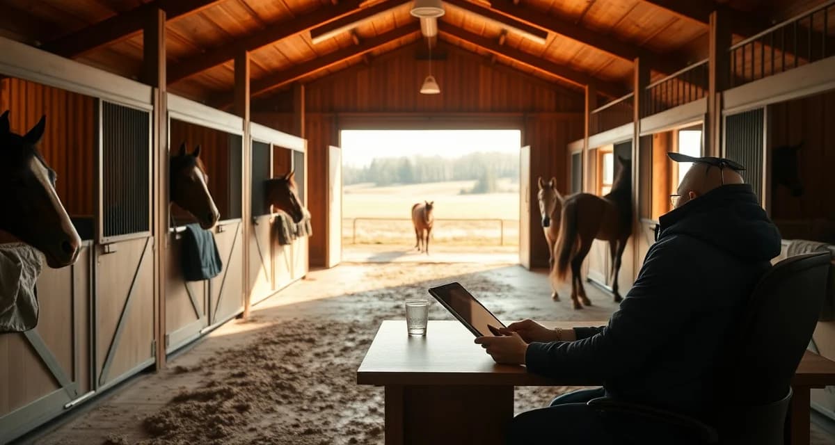 Wisconsin horse barn manager using barn management software on tablet to organize stalls and horse care operations in modern equine facility