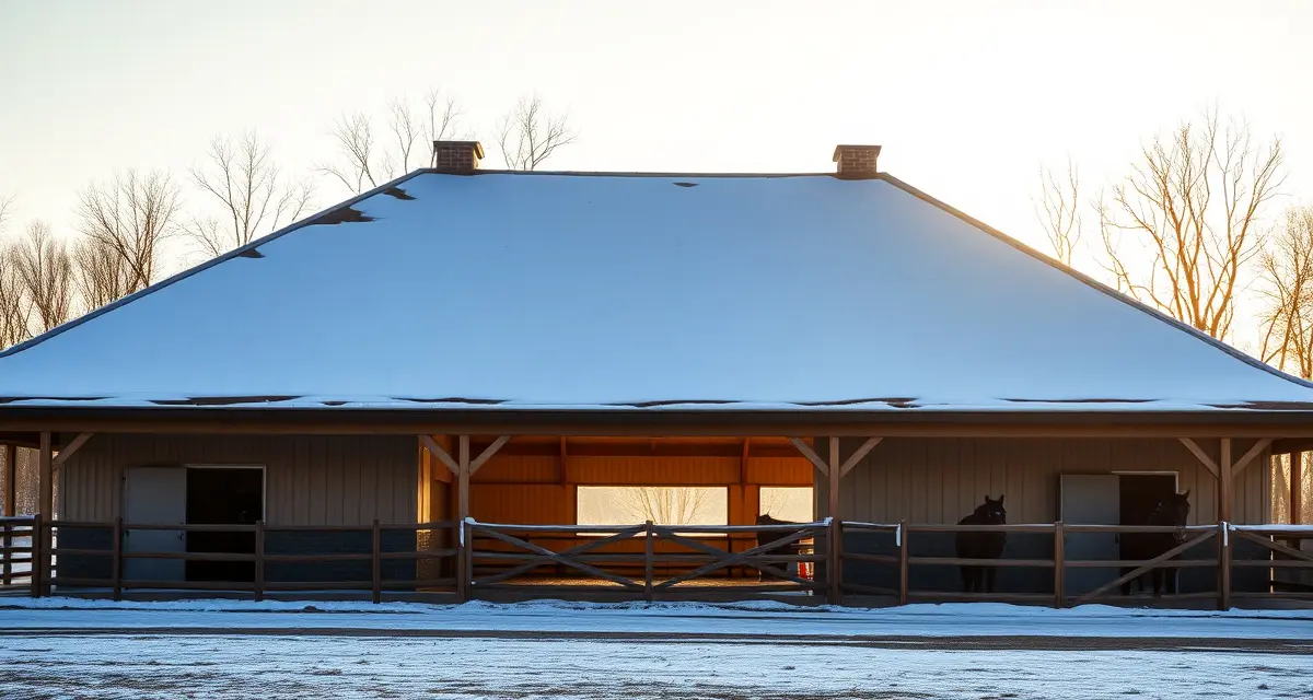 Wisconsin equine facility with snow-covered barn and paddocks during winter season, showing professional horse stable management