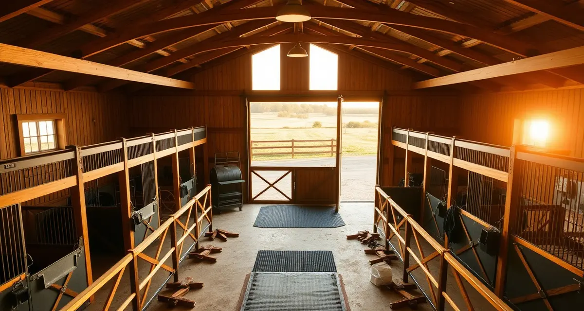 Modern horse boarding barn in Wisconsin with organized stalls, professional stable management setup, and natural lighting for successful barn operations.