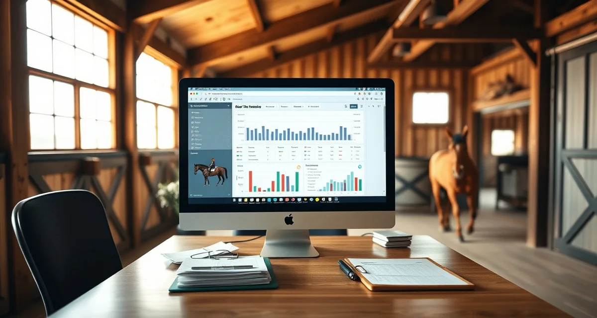 Barn management software interface for Wyoming equestrian facilities displaying horse records, billing, and staff scheduling tools on computer screen