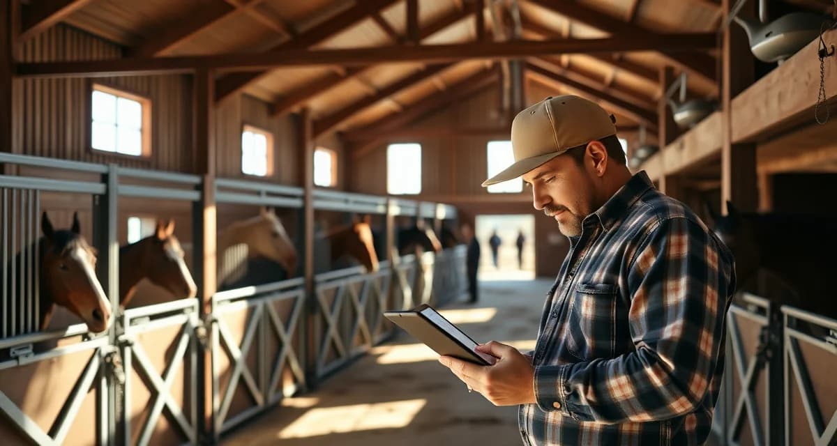 Modern barn management software interface displayed on tablet in organized Wyoming horse facility with stalls and professional ranch management setup