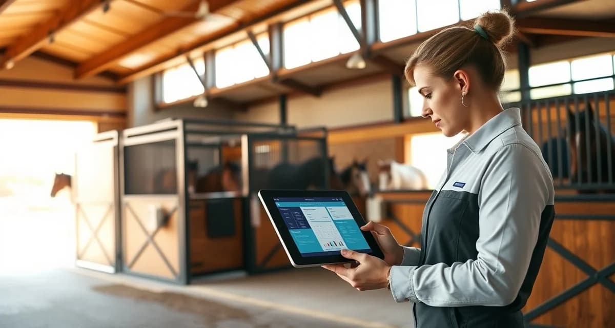Modern horse barn facility in Wyoming with organized stables, paddocks, and professional management infrastructure for efficient equestrian operations.