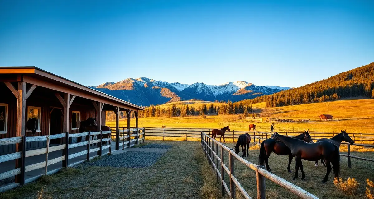 Modern horse barn and pasture in Wyoming mountains with grazing horses and alpine scenery, representing equine facility management.