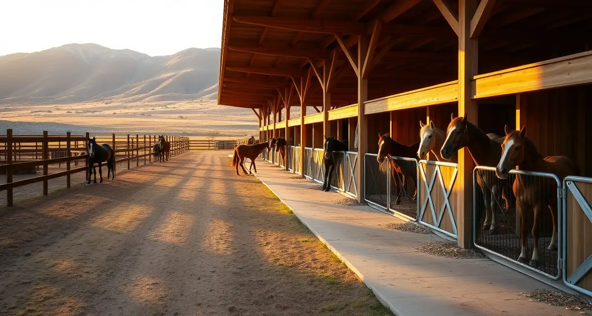 Modern horse boarding facility in Wyoming with organized pasture and barn structures showcasing professional stable management practices.